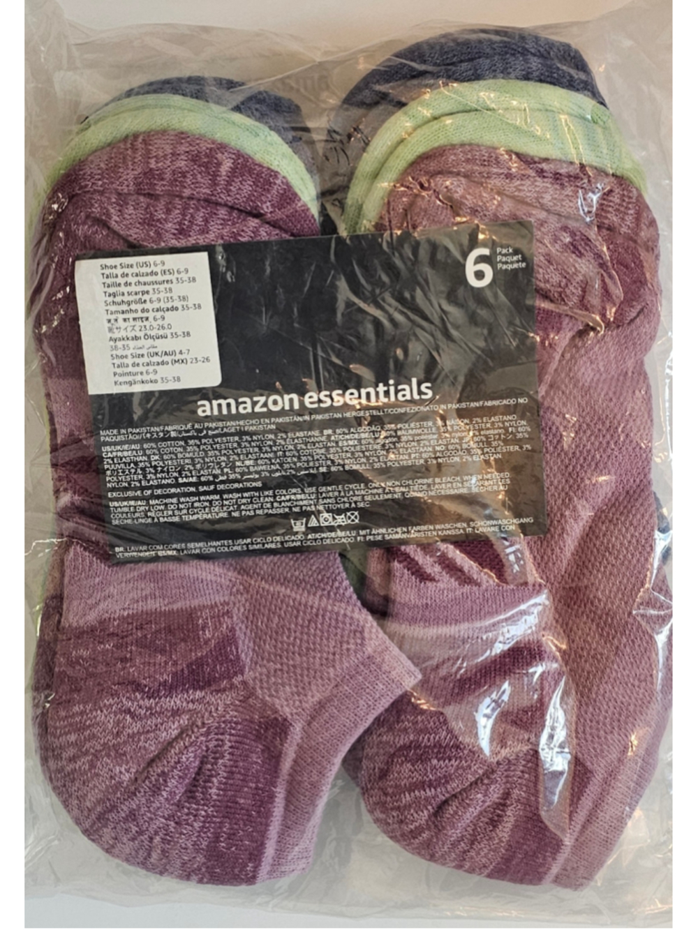 Women's Amazon Essentials Ankle Socks 6-Pack Purple Blue Size 6-9